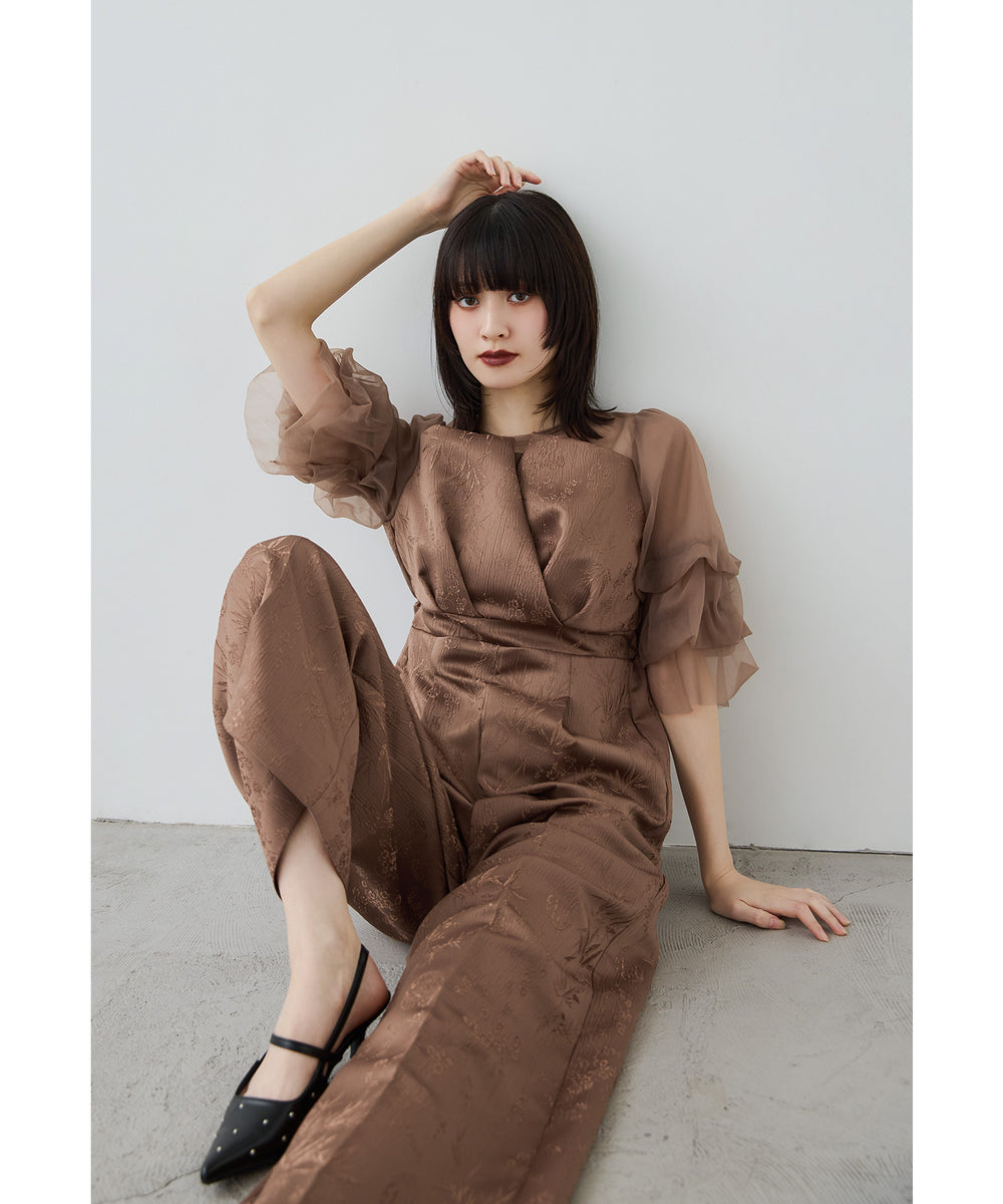 パンツドレス　お呼ばれドレス オケージョンドレス　結婚式　卒業式　パーティー ジャガードオールインワンドレス パンツドレス 結婚式 成人式 二次会