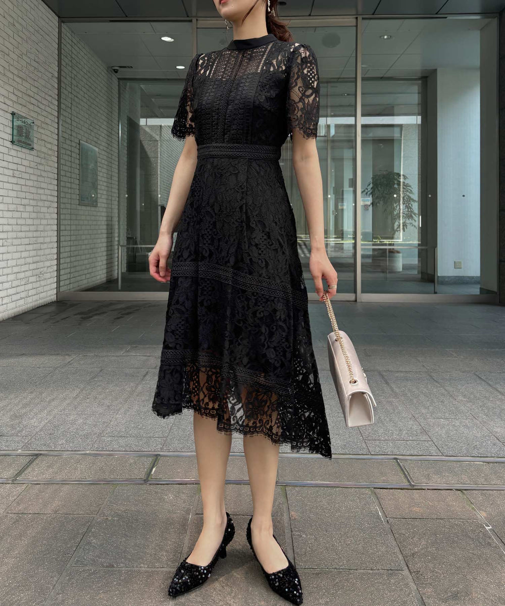 ケミカルレース×ハシゴレース切替ドレス 結婚式 パーティードレス