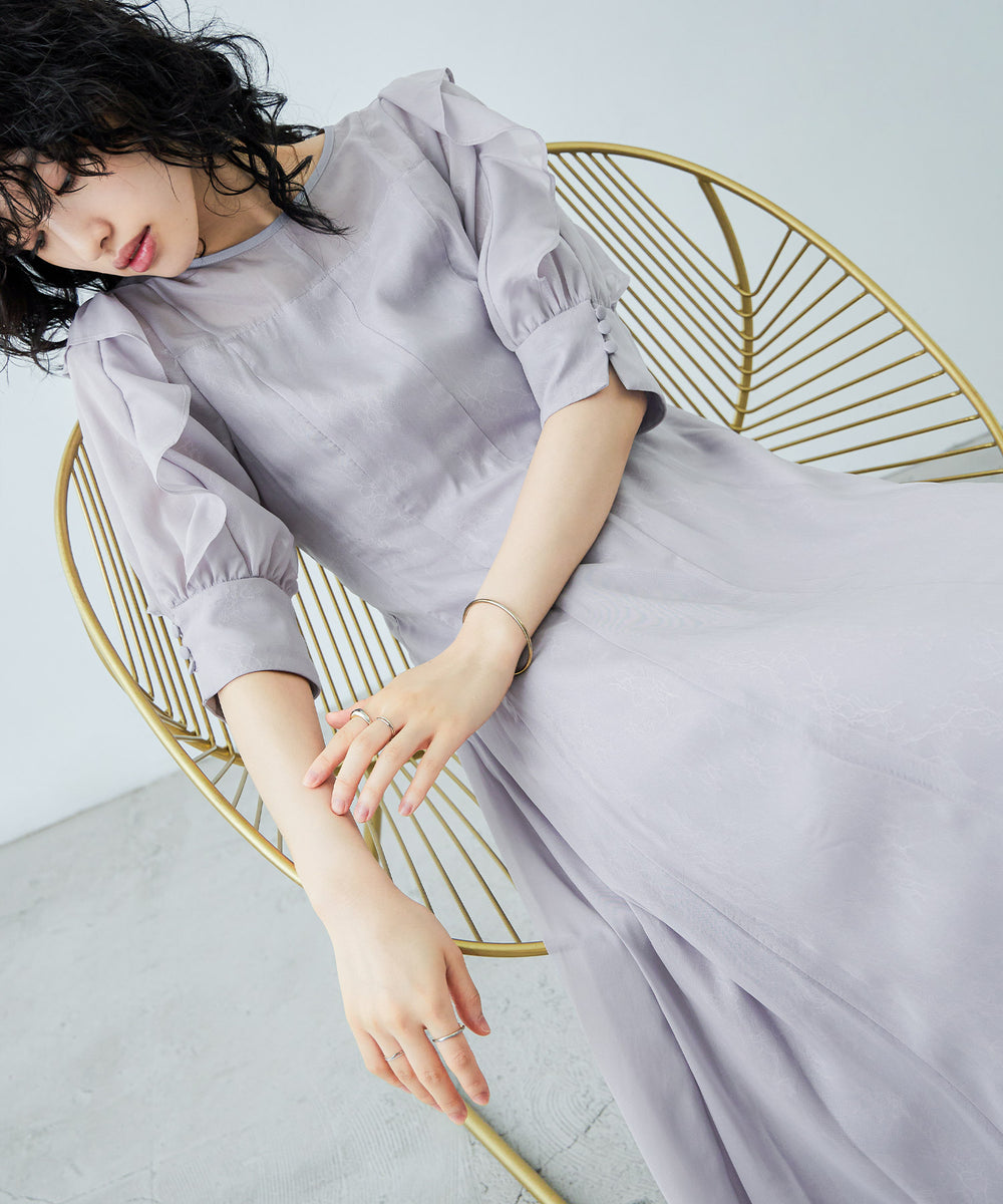 グレー シフォン シースドレス フリル袖 フリル袖レースシフォンレイヤードドレス｜パーティードレス・結婚式