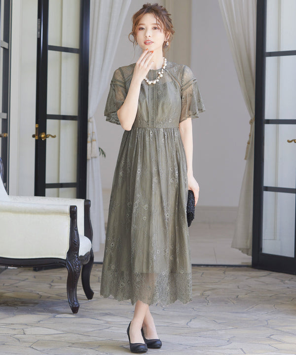 niana レース×レーステープデザイン ドレス グレージュ