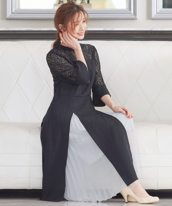 niana レース×シフォン インナープリーツドレス ネイビー