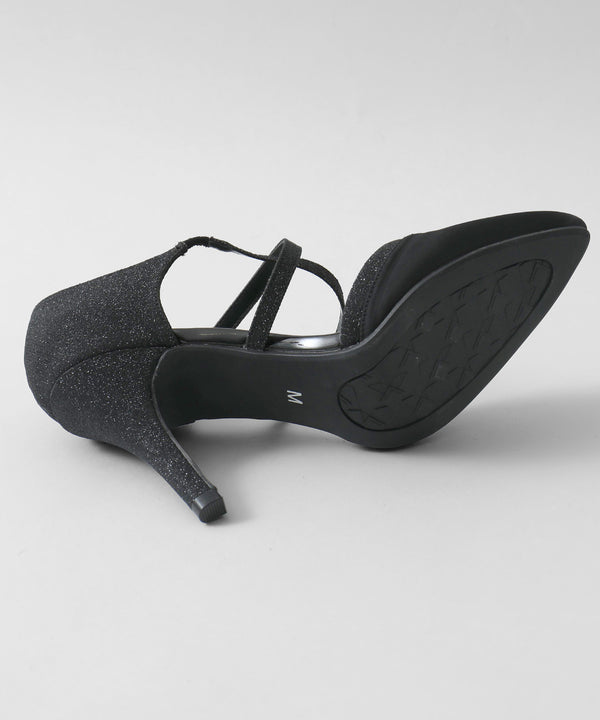 niana シャイニー異素材使いクロスストラップパンプス  ブラック