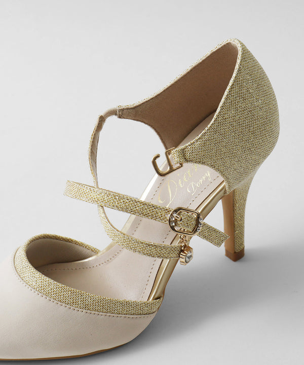 niana シャイニー異素材使いクロスストラップパンプス  ベージュ