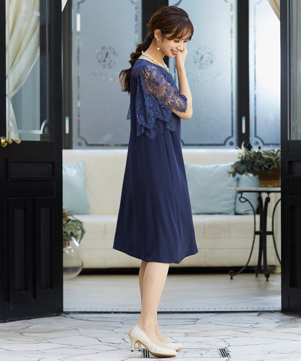 niana レーススリーブ Aラインドレス ネイビー
