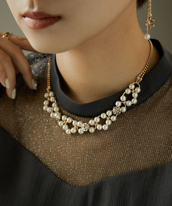 niana コンビリング×パールビジューネックレス オフホワイト