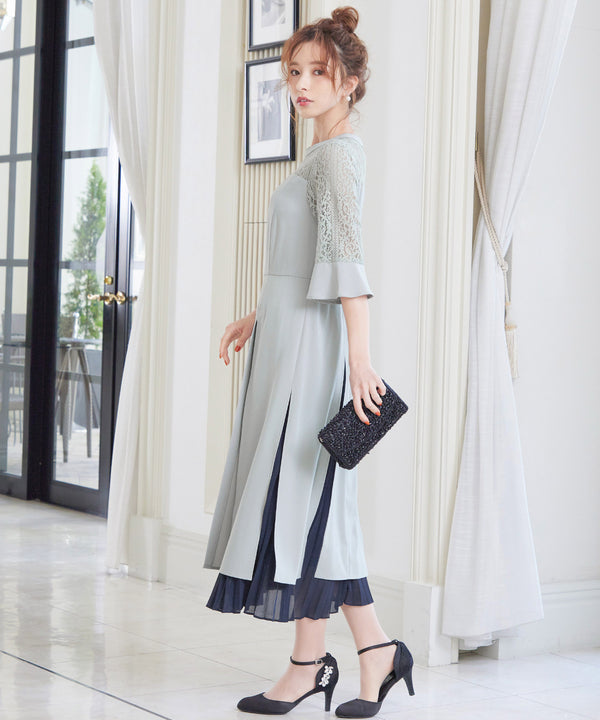 niana レース×シフォン インナープリーツドレス ライトグレー
