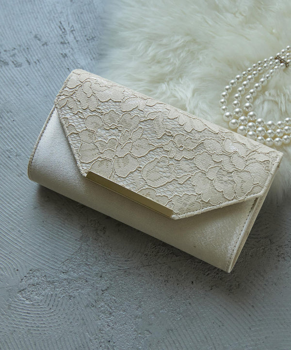 niana レース使いサテンクラッチバッグ ベージュ