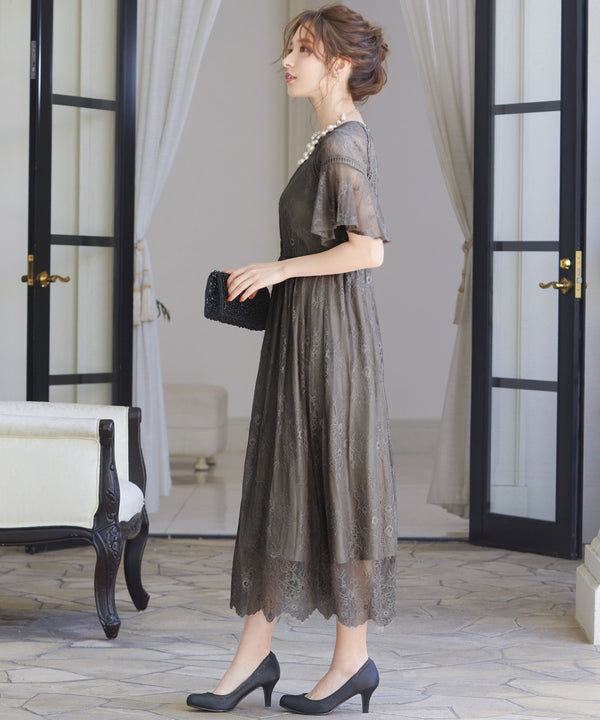 niana レース×レーステープデザイン ドレス チャコール