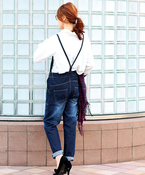 Fashion Letter ゆるサロペットデニムパンツ ネイビー