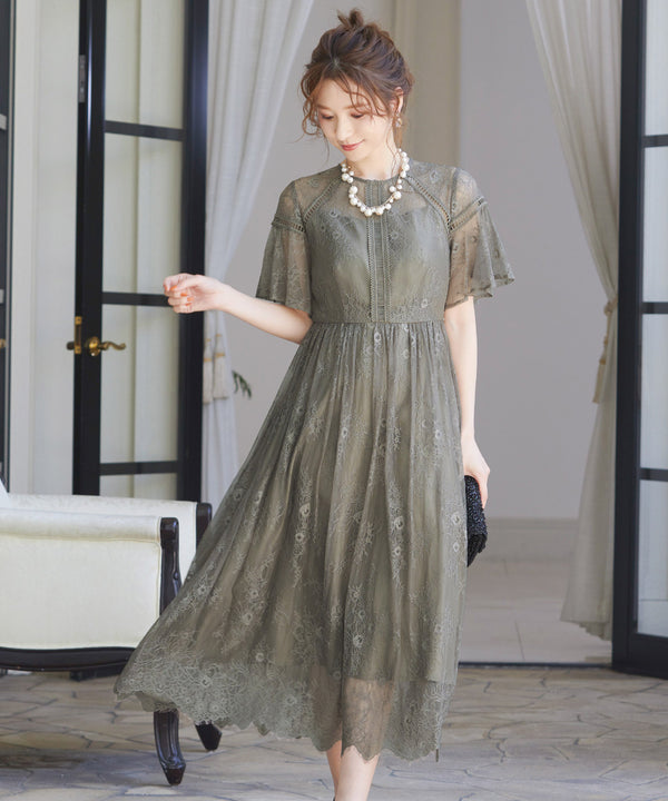 niana レース×レーステープデザイン ドレス グレージュ