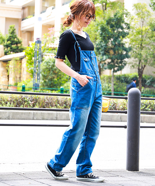Fashion Letter ゆるサロペットデニムパンツ ブルー