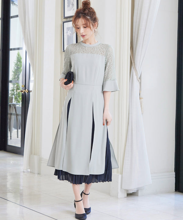 niana レース×シフォン インナープリーツドレス ライトグレー