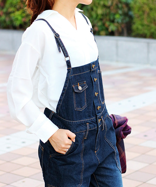 Fashion Letter ゆるサロペットデニムパンツ ネイビー