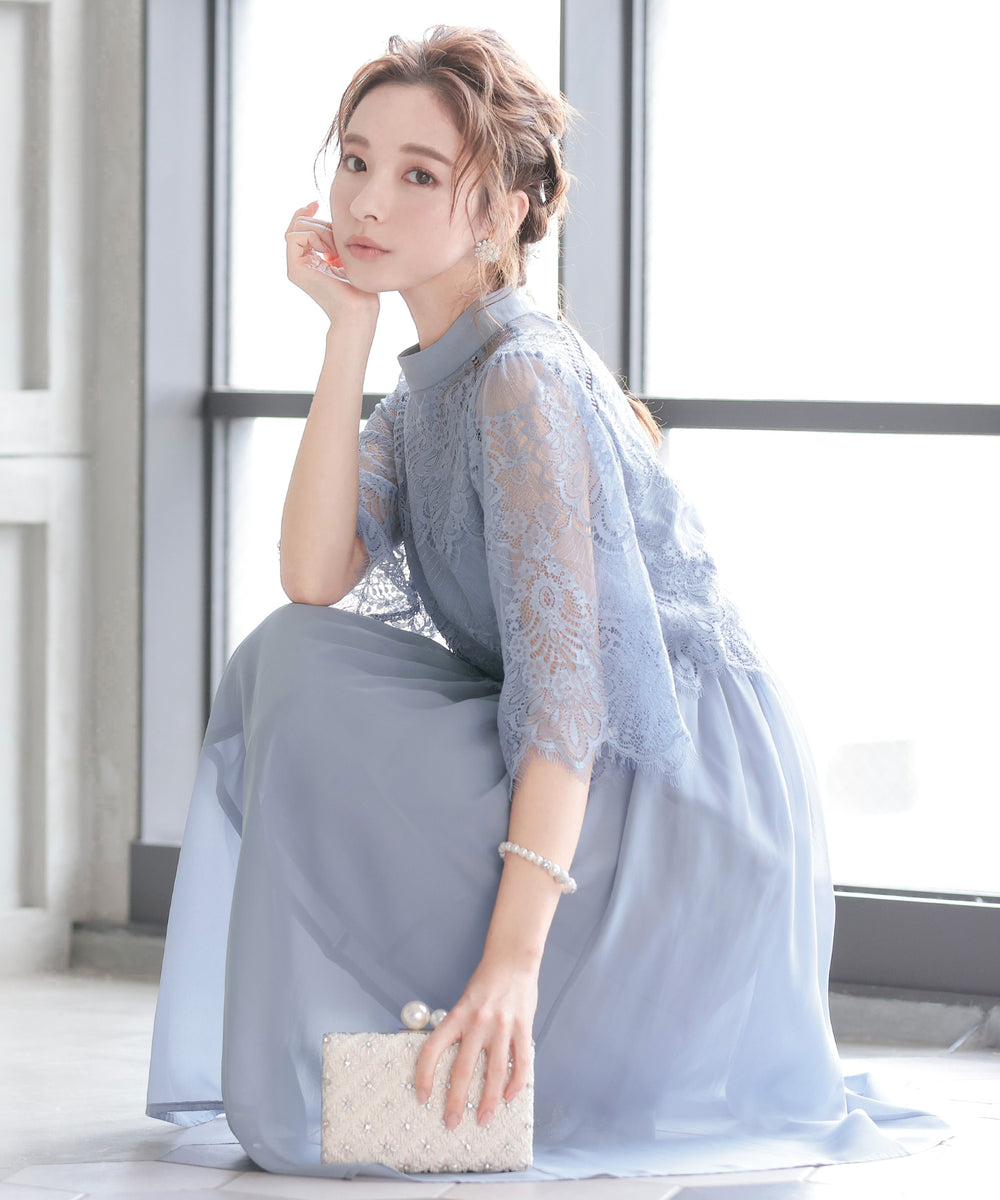 スタンドカラーレースフレアドレス 結婚式ワンピース｜パーティー