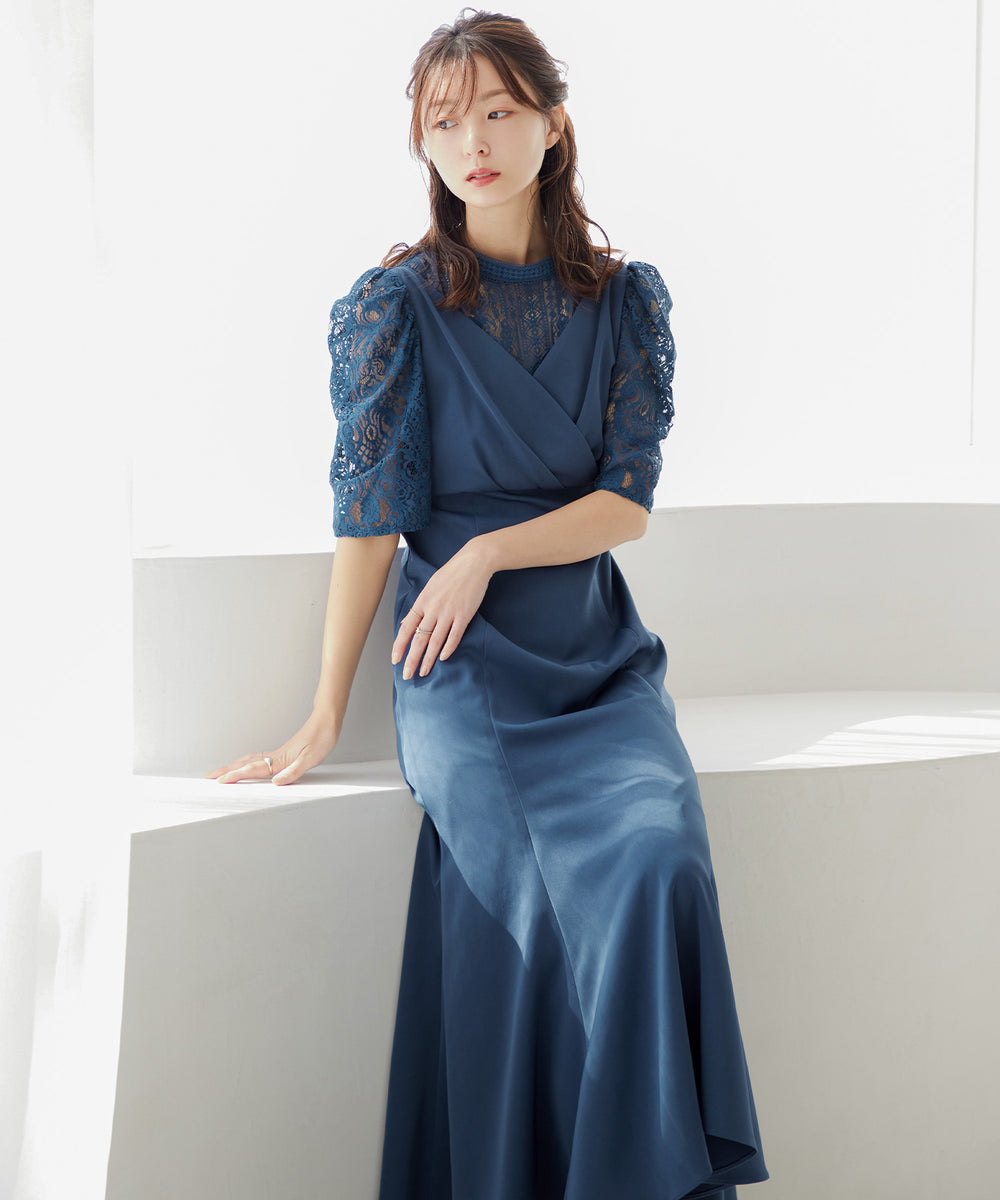 ストライプレースマーメイドワンピースパーティードレス｜パーティー