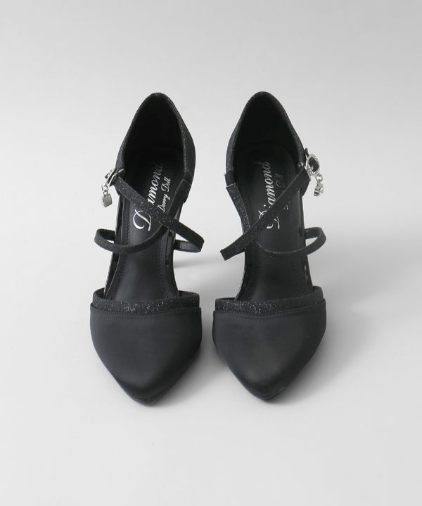 niana シャイニー異素材使いクロスストラップパンプス  ブラック