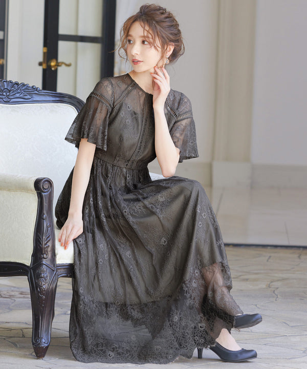 niana レース×レーステープデザイン ドレス チャコール
