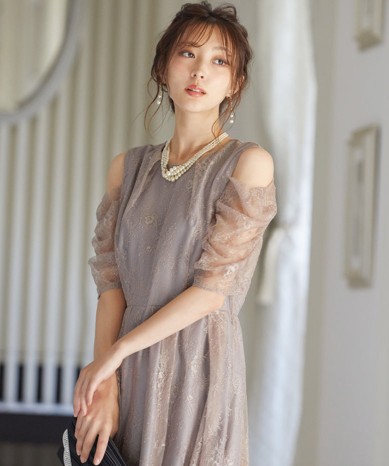 niana 袖2way フレアレースワンピース ピンクベージュ