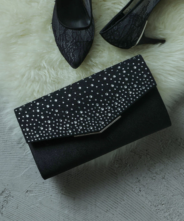 niana ラインストーンレースクラッチバッグ ブラック