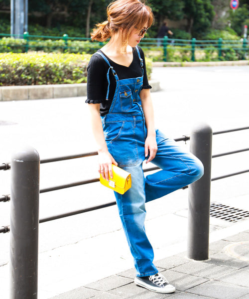 Fashion Letter ゆるサロペットデニムパンツ ブルー