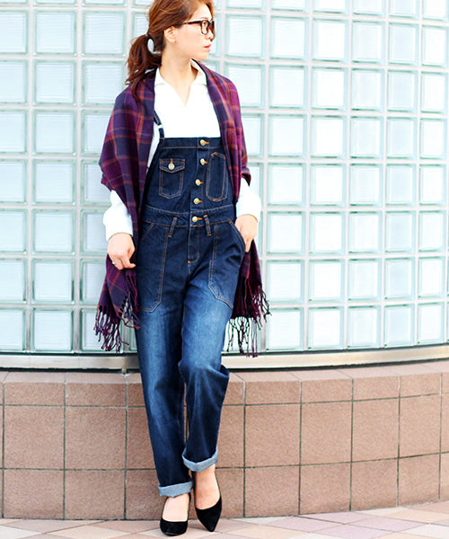 Fashion Letter ゆるサロペットデニムパンツ ネイビー