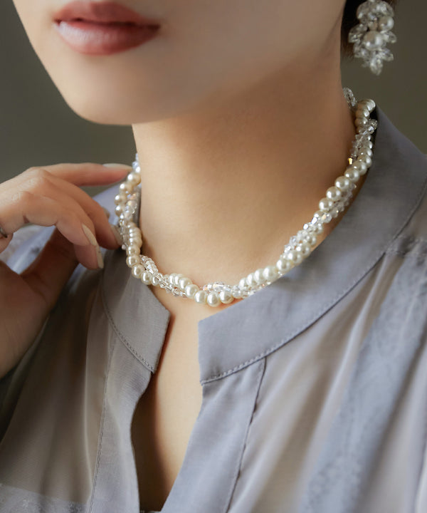 niana ビーズ×パールツイストショートネックレス シルバー