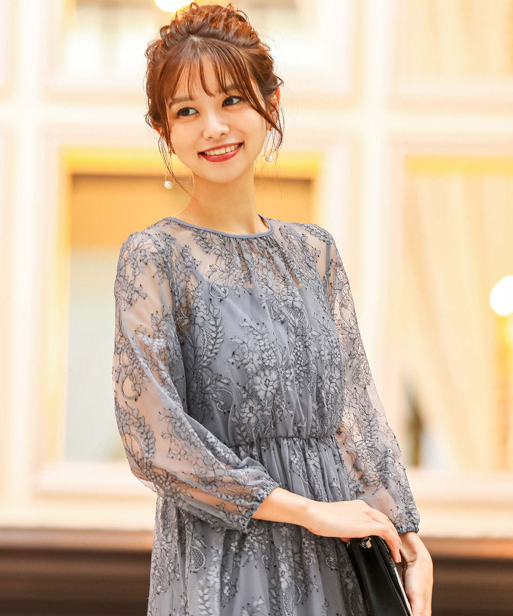 総チュールレースロング 結婚式ワンピース パーティードレス 成人式