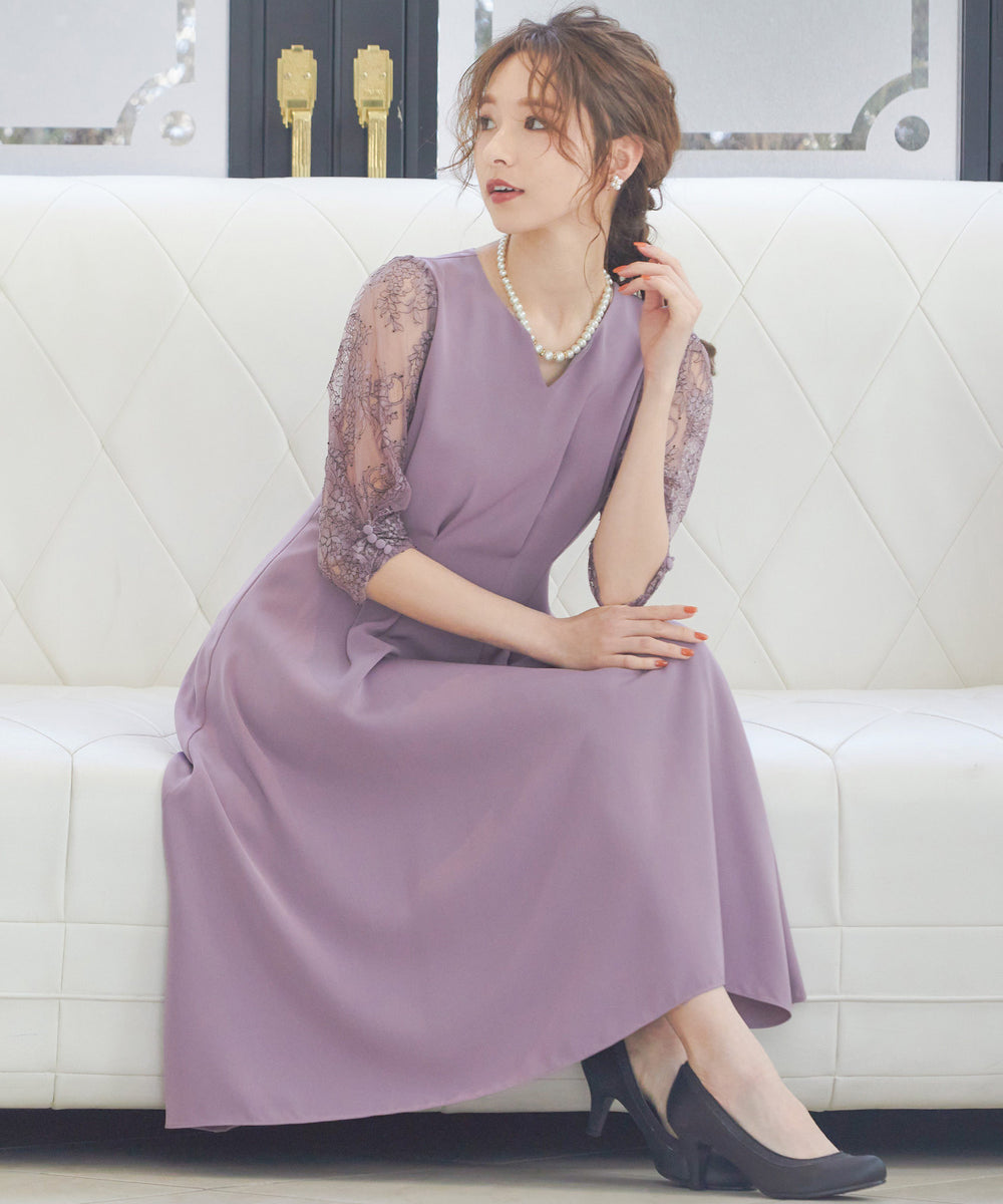 抜き衿 レーススリーブフレアワンピース｜パーティードレス・結婚式