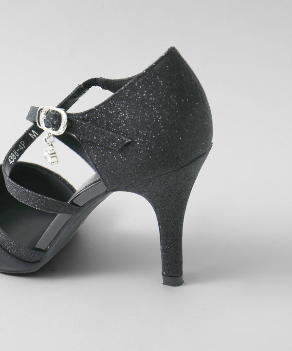 niana シャイニー異素材使いクロスストラップパンプス  ブラック