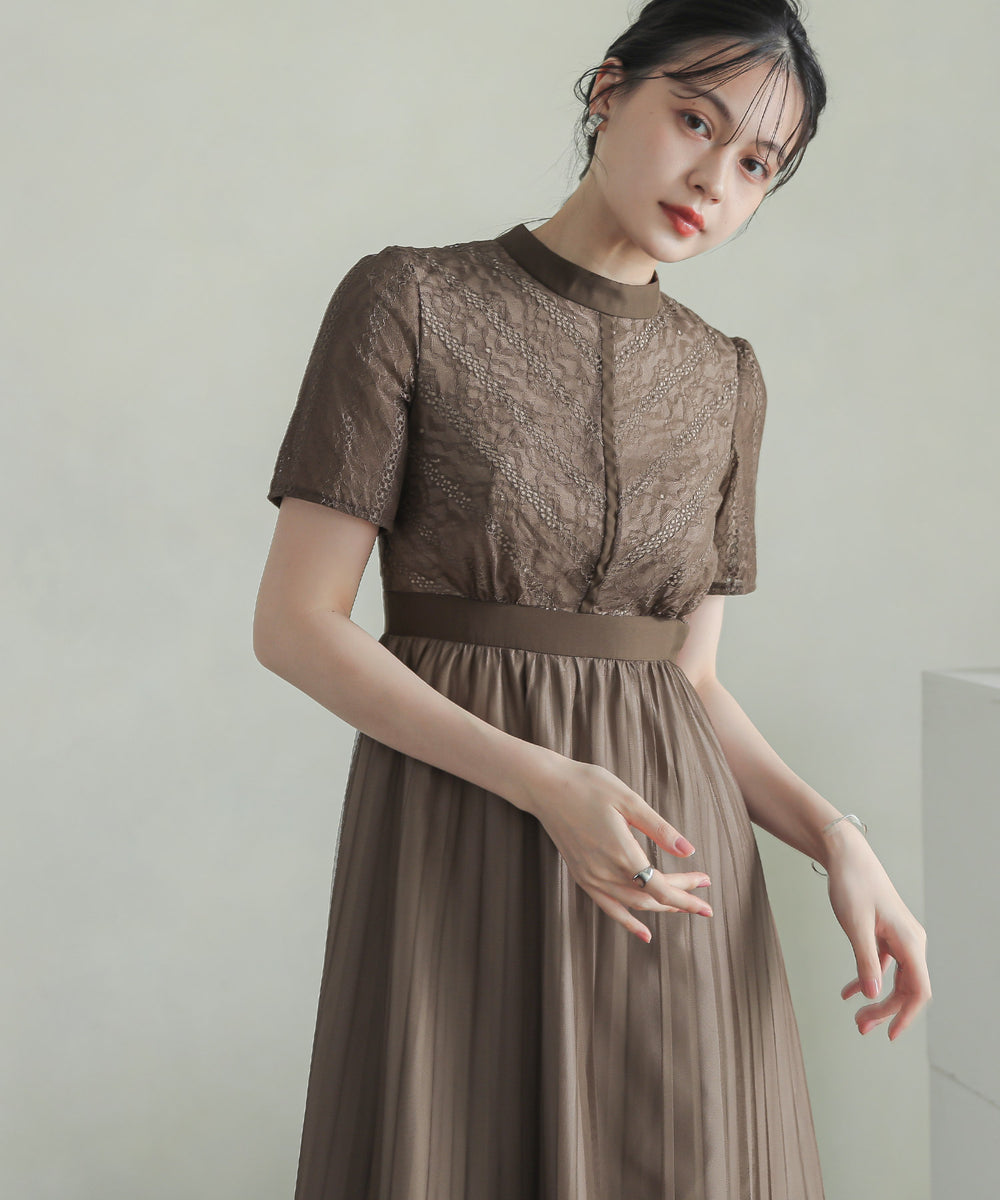 総レースチュールプリーツワンピース｜パーティードレス・結婚式