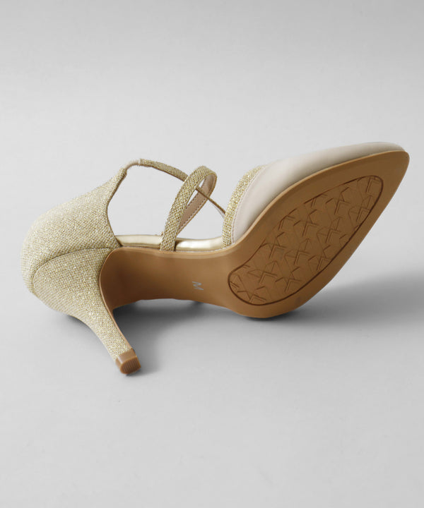 niana シャイニー異素材使いクロスストラップパンプス  ベージュ