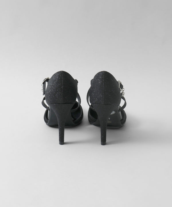 niana シャイニー異素材使いクロスストラップパンプス  ブラック