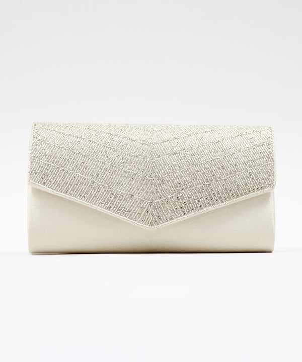 niana ビーズ刺繍フラップサテンパーティクラッチバッグ ベージュ