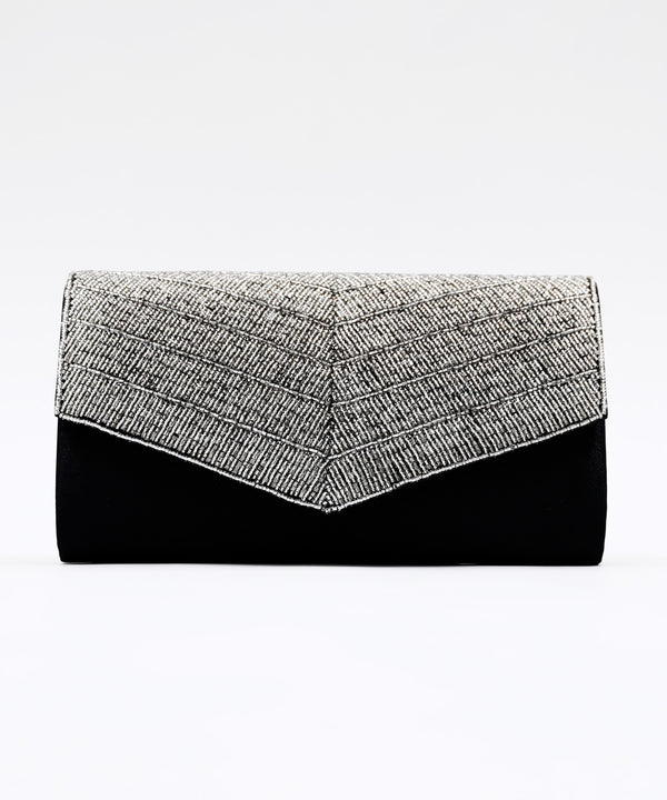 niana ビーズ刺繍フラップサテンパーティクラッチバッグ ブラック