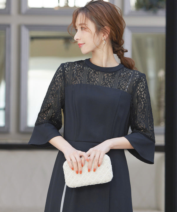 niana レース×シフォン インナープリーツドレス ネイビー
