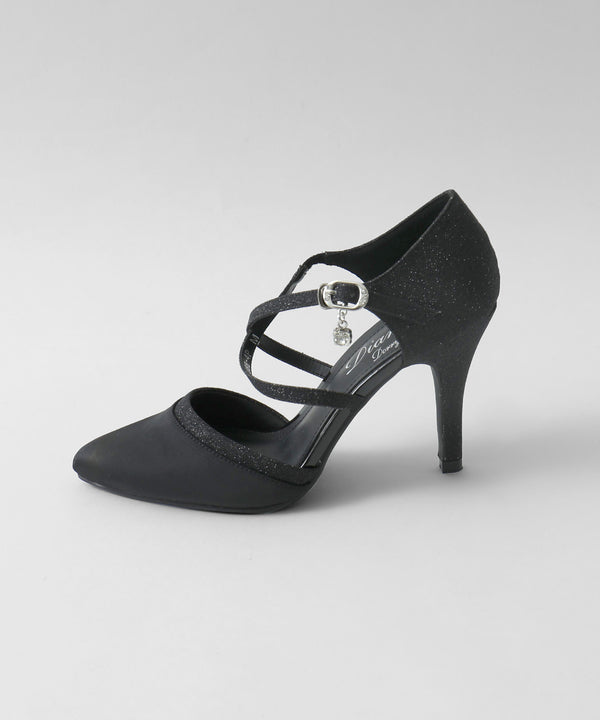 niana シャイニー異素材使いクロスストラップパンプス  ブラック