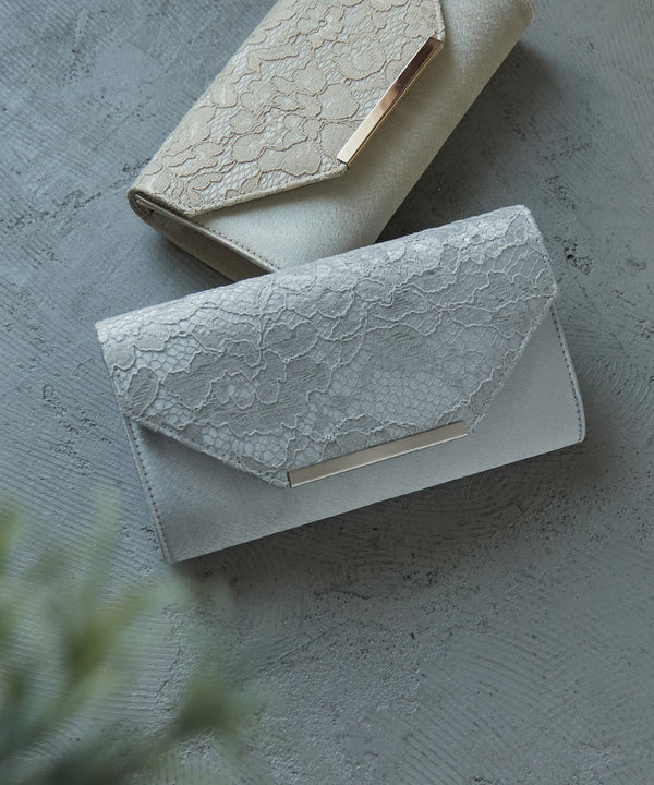 niana レース使いサテンクラッチバッグ シルバー