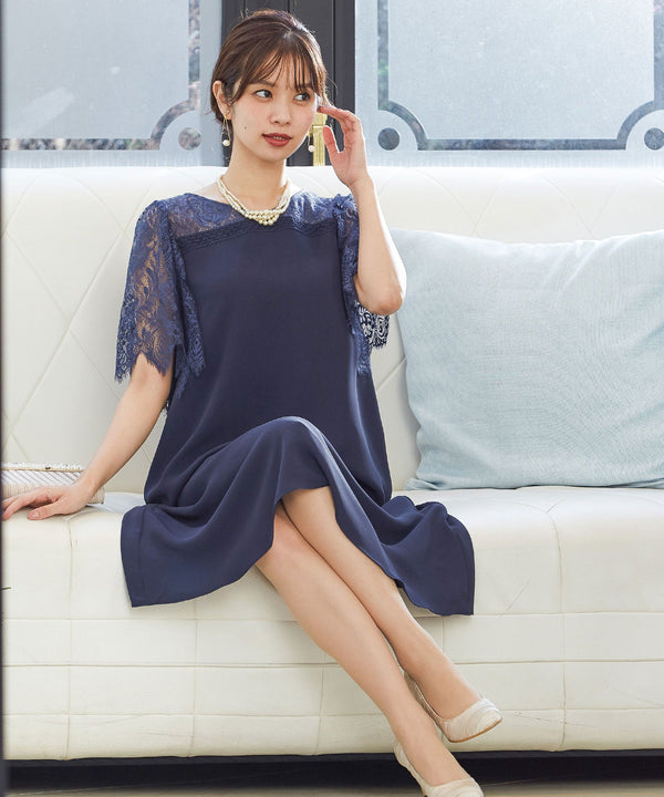 niana レーススリーブ Aラインドレス ネイビー