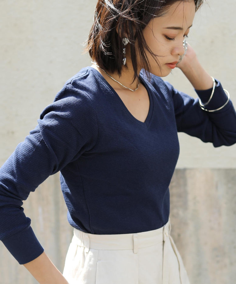 Fashion Letter ワッフルVネック長袖Tシャツ ネイビー