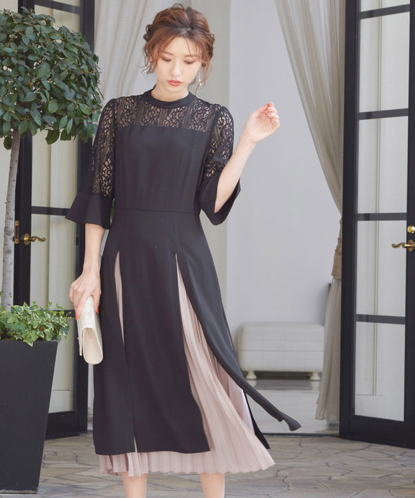 niana レース×シフォン インナープリーツドレス ブラック