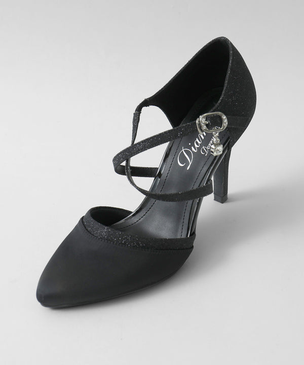 niana シャイニー異素材使いクロスストラップパンプス  ブラック