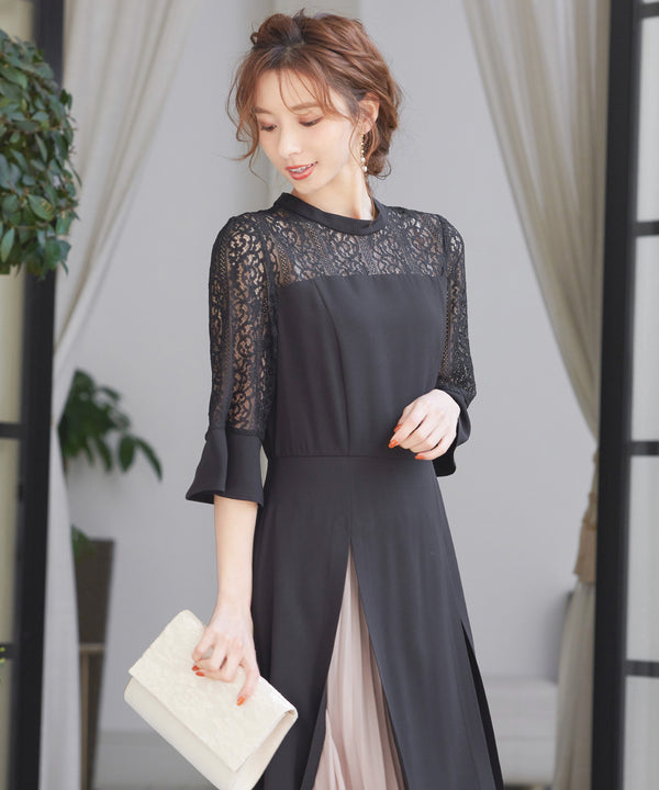 niana レース×シフォン インナープリーツドレス ブラック