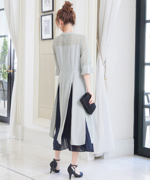 niana レース×シフォン インナープリーツドレス ライトグレー