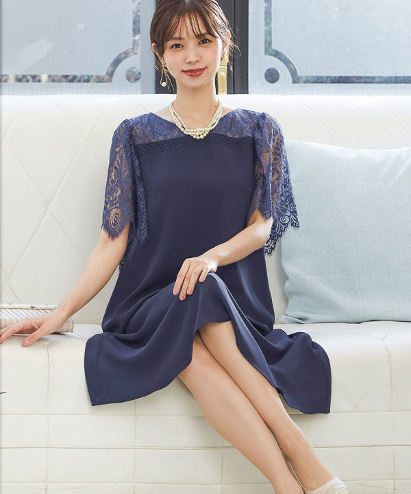niana レーススリーブ Aラインドレス ネイビー