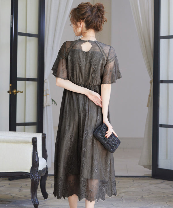 niana レース×レーステープデザイン ドレス チャコール
