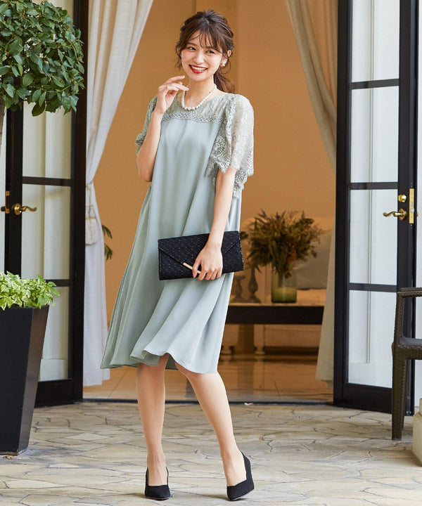 niana レーススリーブ Aラインドレス ライトカーキ