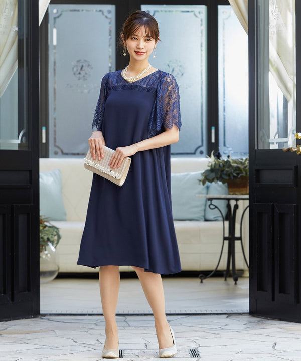 niana レーススリーブ Aラインドレス ネイビー