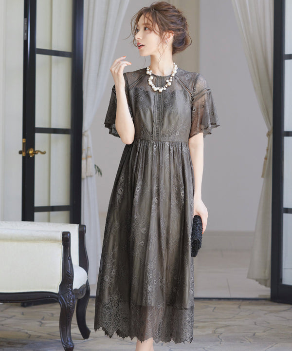 niana レース×レーステープデザイン ドレス チャコール