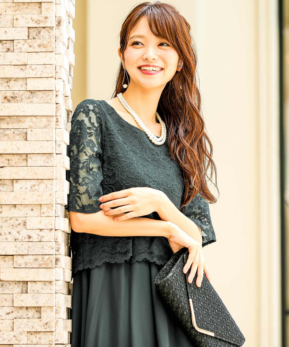 レース×シフォンドッキング 結婚式ワンピース パーティードレス