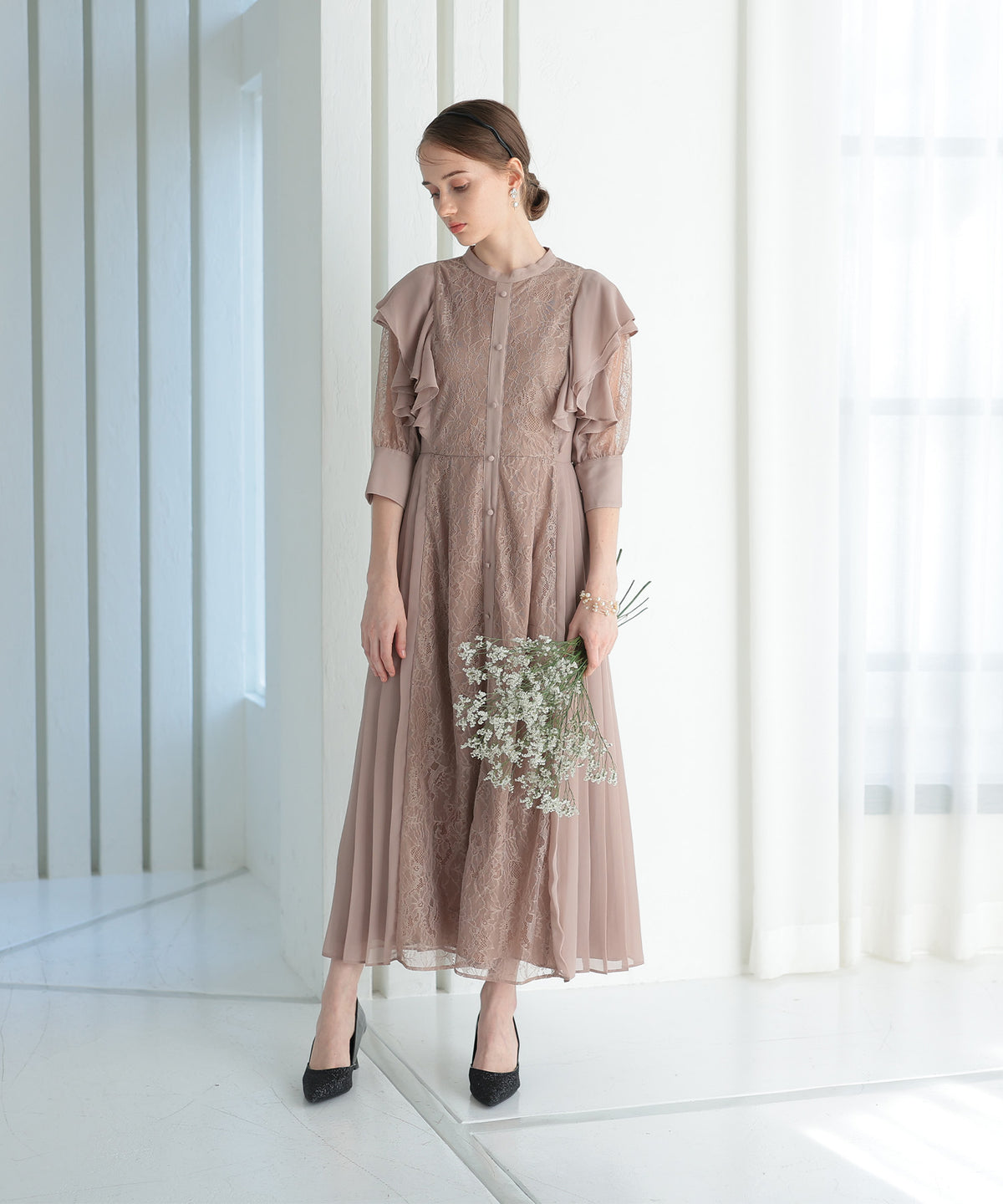 フリル7分袖レースドレス